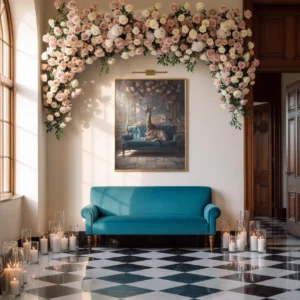 Affiche encadrée d’une girafe sur canapé bleu, accrochée au-dessus d’un canapé bleu dans un hall, avec bougies au sol et décor floral.