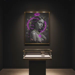 Affiche femme néon moderne éclairée dans une galerie sombre.