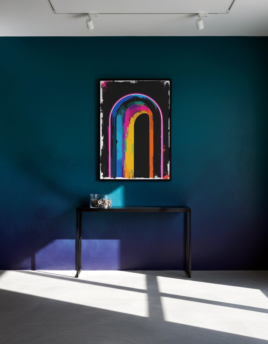 Affiche arche colorée multicolore sur fond noir dans une entrée minimaliste.