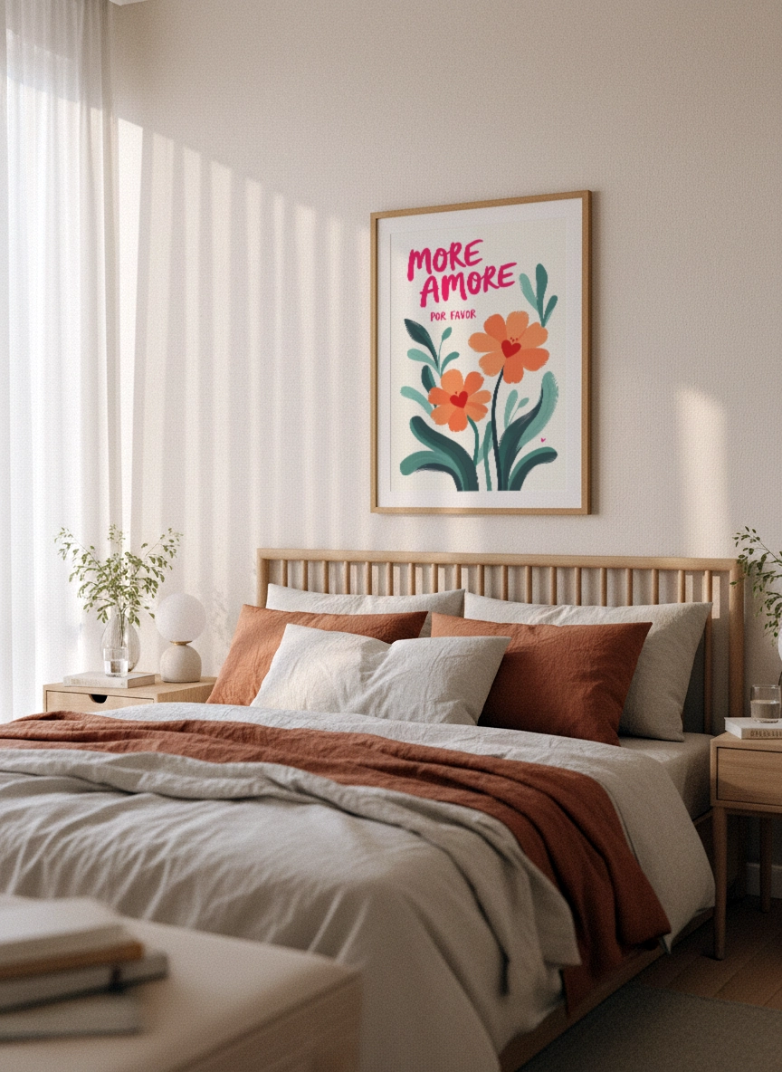Affiche typographique fleurie More Amore avec fleurs colorées dans une chambre moderne.