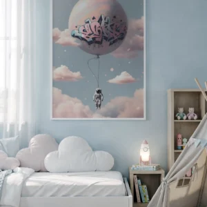 Affiche astronaute ballon graffiti dans une chambre enfant bleu clair.