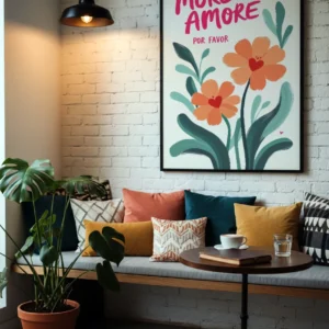 Affiche typographique fleurie More Amore sur un mur en briques blanches dans un salon.