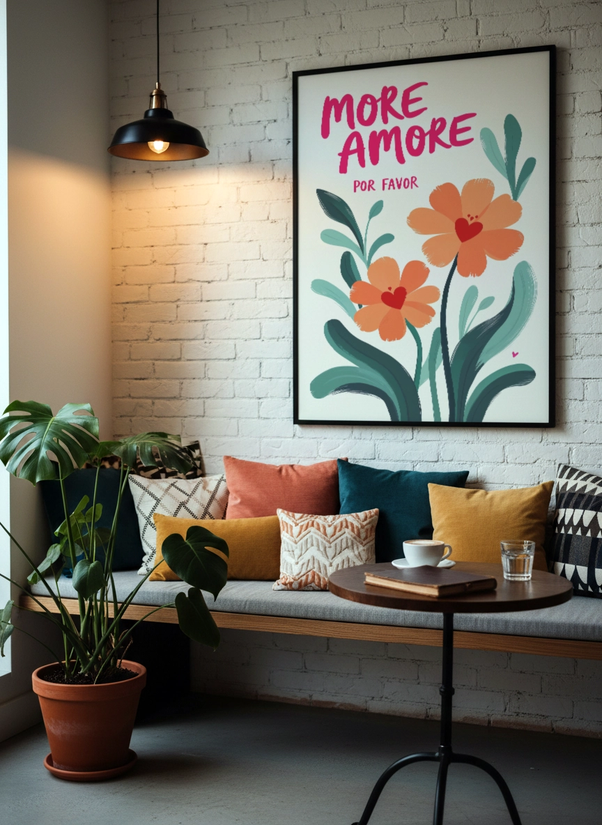 Affiche typographique fleurie More Amore sur un mur en briques blanches dans un salon.