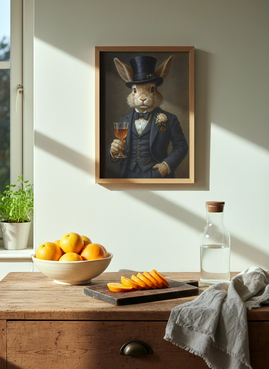 Affiche lapin vintage en costume accrochée dans une cuisine lumineuse.