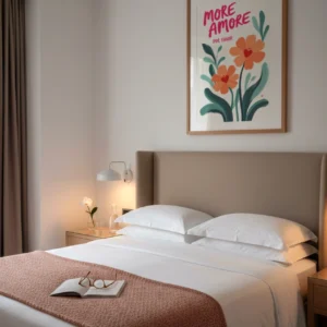 Affiche typographique fleurie More Amore avec fleurs stylisées dans une chambre élégante.