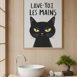 Affiche lave-toi les mains avec chat noir dans salle de bain bois clair.