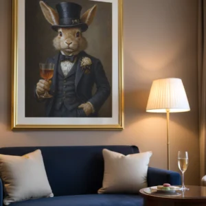 Affiche lapin vintage en costume accrochée au-dessus d’un canapé dans un salon.