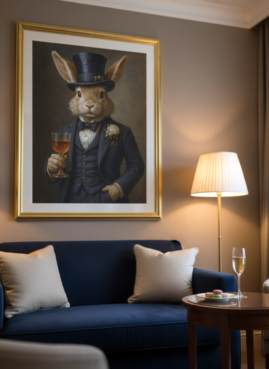 Affiche lapin vintage en costume accrochée au-dessus d’un canapé dans un salon.