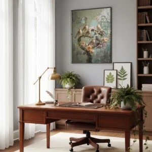 Affiche oiseaux vintage avec oiseaux et fleurs accrochée dans un bureau classique.