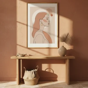 Affiche portrait femme minimaliste encadrée doré, profil féminin beige terracotta, accrochée sur mur terracotta au-dessus d’un banc en bois.