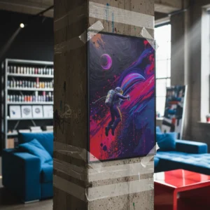 Affiche astronaute futuriste fixée sur un pilier en béton dans un loft industriel.