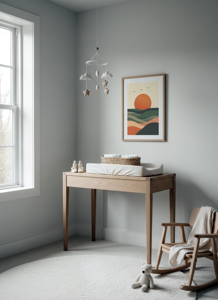 Affiche paysage abstrait avec soleil stylisé et collines aux tons doux dans une chambre enfant.