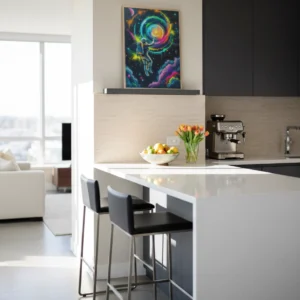 Affiche astronaute spatial colorée accrochée dans une cuisine moderne.