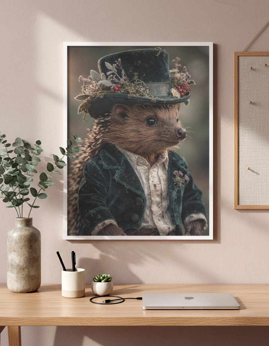 Affiche hérisson vintage accrochée au-dessus d’un bureau en bois clair.