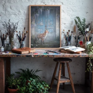 Poster renard porte bleue posé dans un atelier d’artiste.