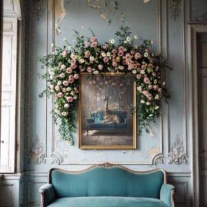 Affiche encadrée d’une girafe sur un canapé bleu, avec guirlande de fleurs autour du cadre, sur mur bleu patiné au-dessus d’un canapé vintage.