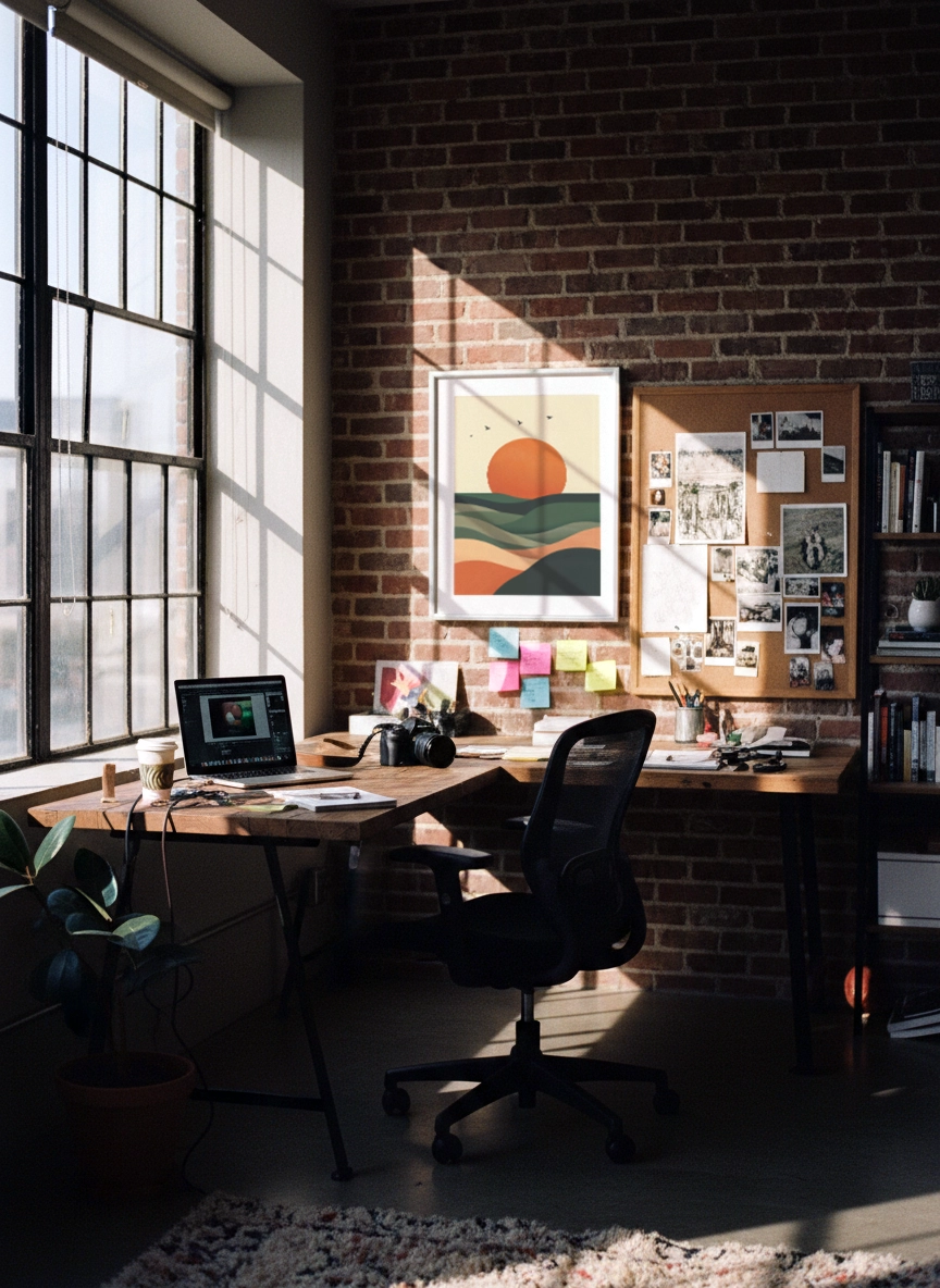 Affiche paysage abstrait avec soleil stylisé et collines vertes et terracotta dans un bureau moderne.
