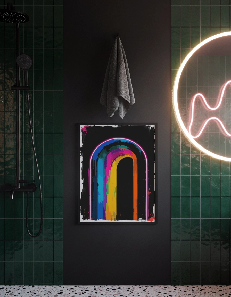 Affiche arche colorée multicolore sur fond noir dans une salle de bain moderne.