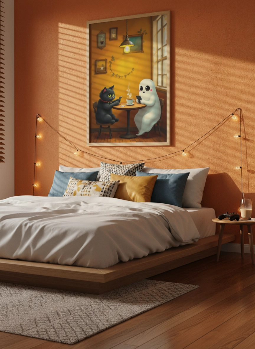 Affiche illustration chat fantôme accrochée au-dessus d’un lit dans une chambre cosy.