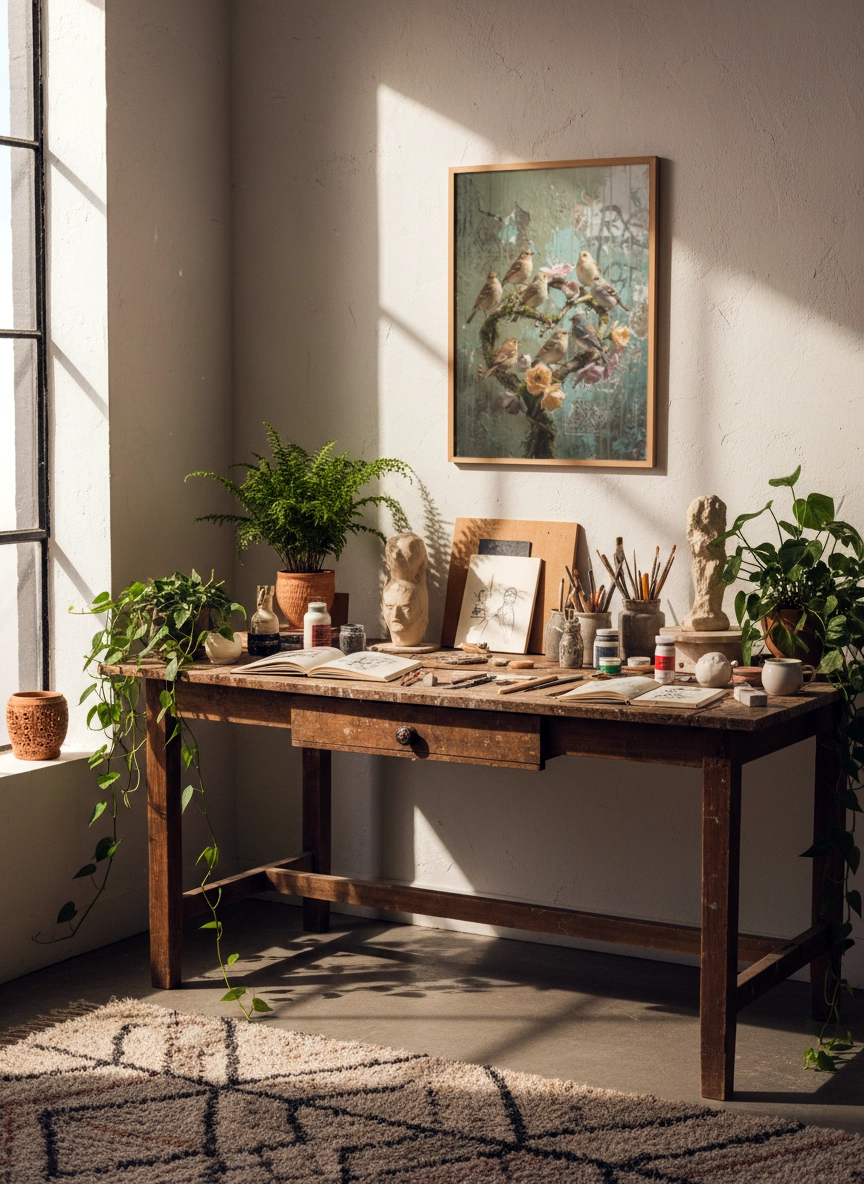 Affiche oiseaux vintage avec oiseaux perchés et fleurs dans un atelier avec bureau en bois.