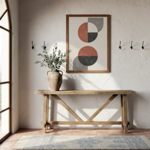 Affiche abstraite géométrique avec formes circulaires terracotta et grises dans une entrée minimaliste.