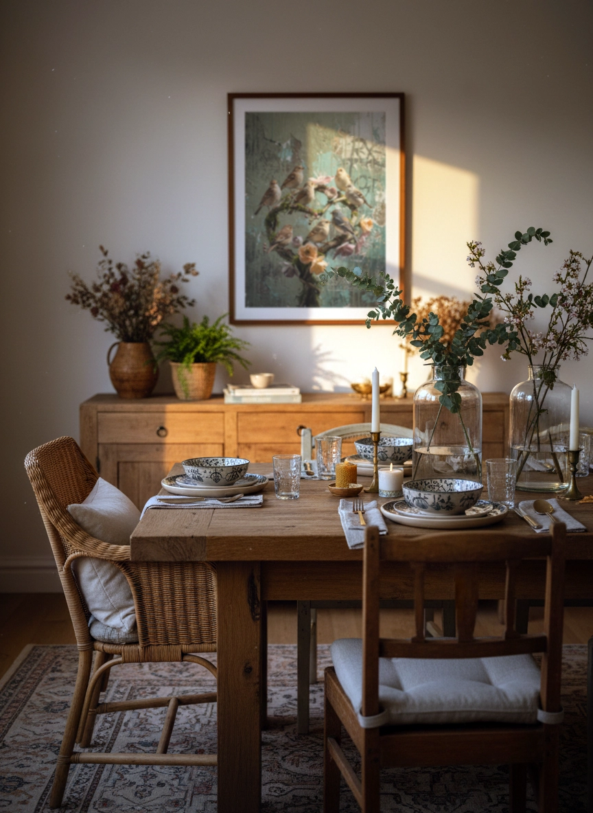 Affiche oiseaux vintage avec oiseaux et fleurs accrochée dans une salle à manger.