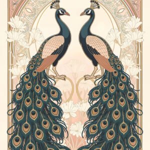 Affiche paons symétriques style Art Nouveau avec plumes vert bleu et fond floral beige.
