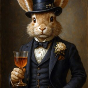 Affiche portrait d’un lapin gentleman en costume sombre avec haut-de-forme, nœud papillon, fleur à la boutonnière et verre à la main.