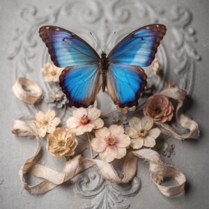 Affiche avec papillon bleu, fleurs délicates et rubans beiges sur fond gris texturé avec motifs vintage.
