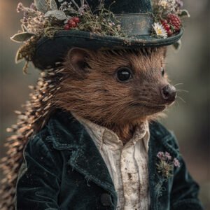 Portrait d’un hérisson habillé en costume vintage avec haut-de-forme fleuri, fleurs sauvages et petites baies rouges.