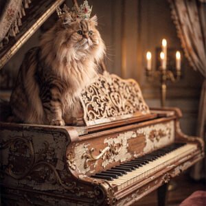 Chat couronné posé sur un piano ancien baroque avec rideaux, bougies et ambiance vintage chaleureuse.