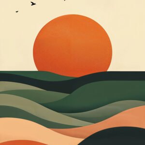 Affiche soleil couchant avec disque orange, paysage ondulé vert et terracotta, et oiseaux sur ciel crème.