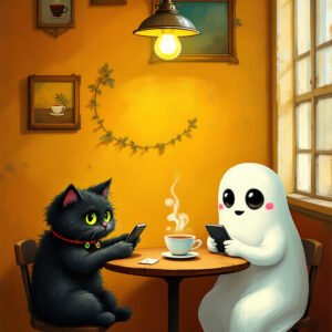 Affiche illustrée d’un chat noir et d’un fantôme utilisant leurs smartphones autour d’un café dans une pièce orange.