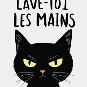 Affiche chat noir aux yeux jaunes avec l’inscription « Lave-toi les mains » en lettres noires sur fond blanc.
