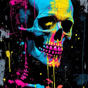 Affiche tête de mort graffiti bleu jaune et rose sur fond noir.