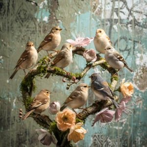 Affiche avec plusieurs petits oiseaux posés sur une branche fleurie devant un mur patiné vert et turquoise