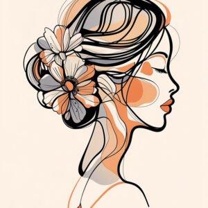 Portrait féminin en line art floral de profil, avec fleurs dans les cheveux sur fond beige aux touches terracotta et grises.