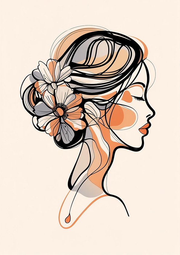 Portrait féminin en line art floral de profil, avec fleurs dans les cheveux sur fond beige aux touches terracotta et grises.