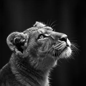 Portrait noir et blanc d’une lionne en gros plan, regard tourné vers le haut, sur fond noir.