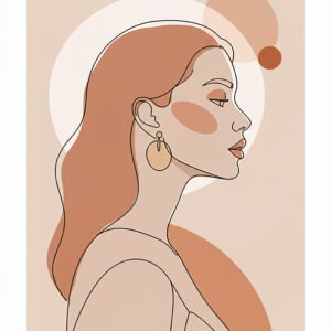 Portrait de femme minimaliste en line art, de profil, avec tons beige et terracotta sur fond clair.