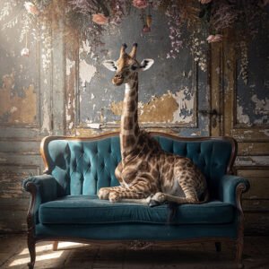Girafe allongée sur un canapé bleu sous une composition florale, devant un mur ancien patiné.