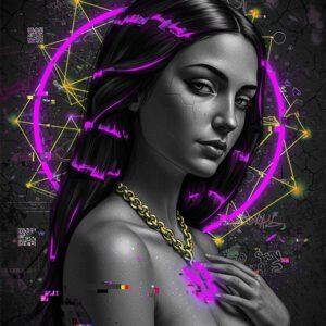 Portrait illustré de femme cyberpunk en noir et gris, avec halo néon violet, effets glitch et fond sombre texturé.