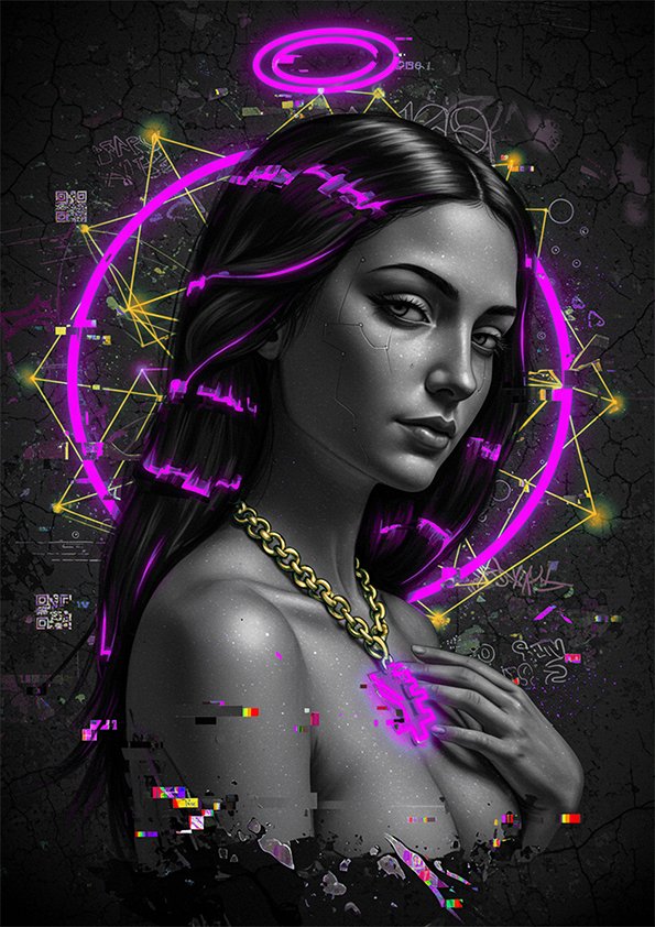 Portrait illustré de femme cyberpunk en noir et gris, avec halo néon violet, effets glitch et fond sombre texturé.