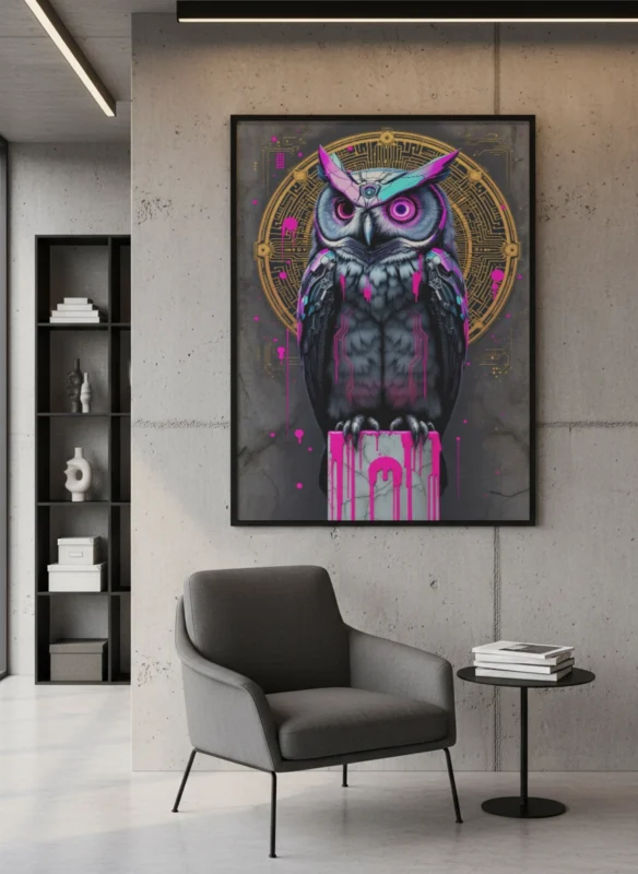 Affiche chouette cyberpunk sur mur en béton dans un salon moderne.