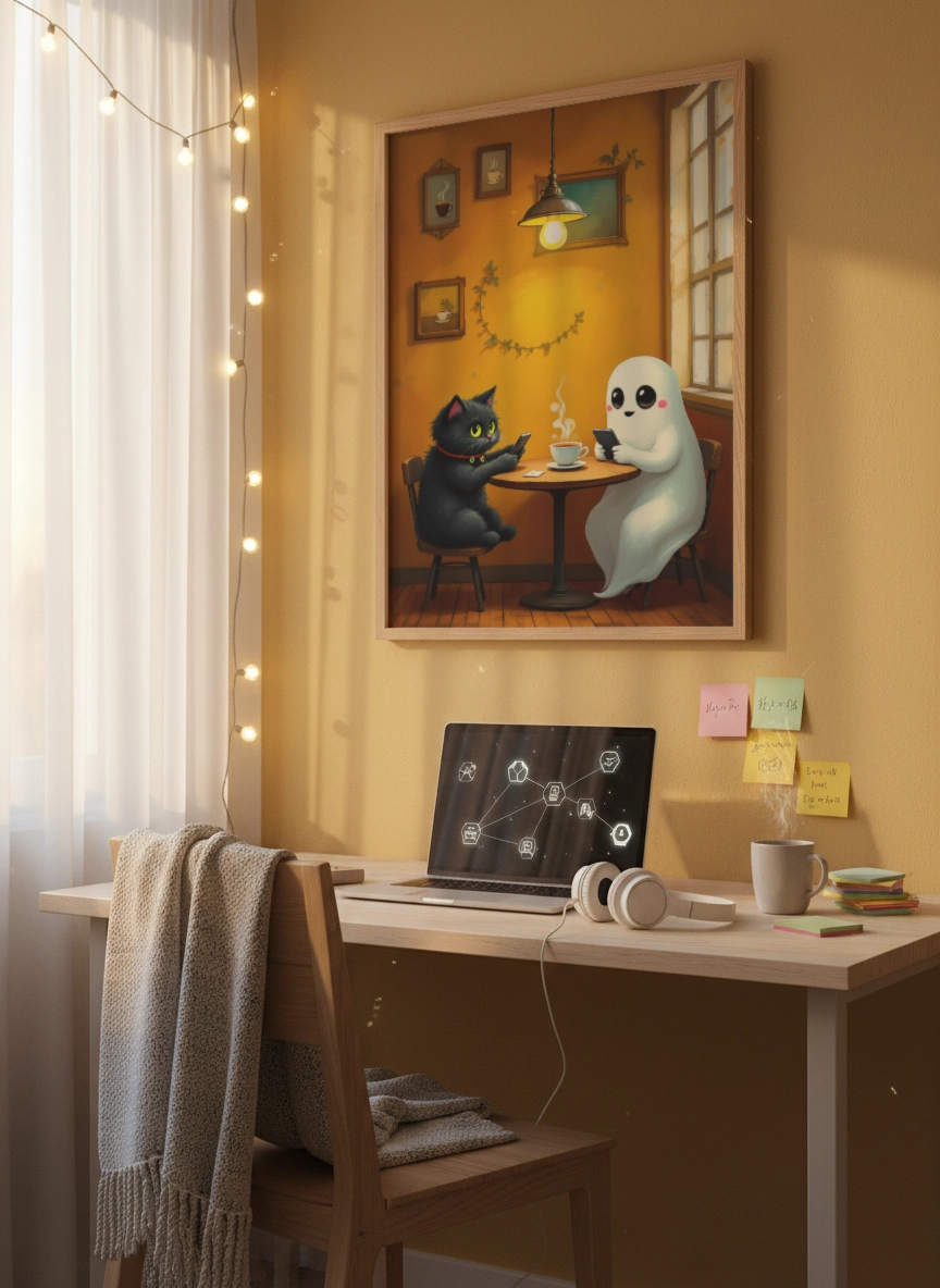 Affiche illustration chat fantôme dans un bureau à domicile lumineux.