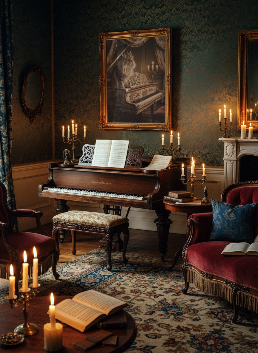 Affiche chat vintage représentant un chat pianiste dans un salon avec piano et bougies.