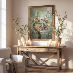 Affiche oiseaux vintage avec oiseaux et fleurs au-dessus d’une console décorative.