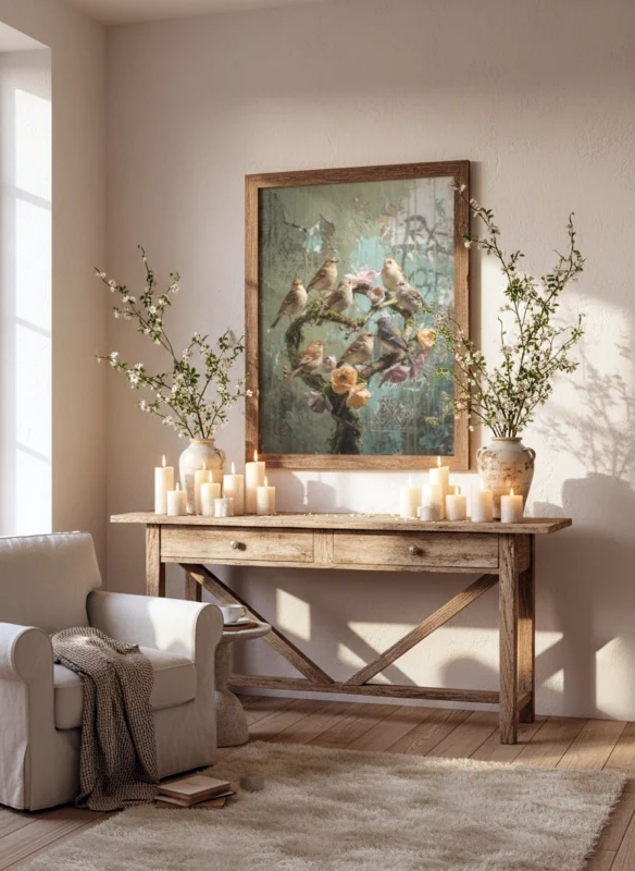 Affiche oiseaux vintage avec oiseaux et fleurs au-dessus d’une console décorative.