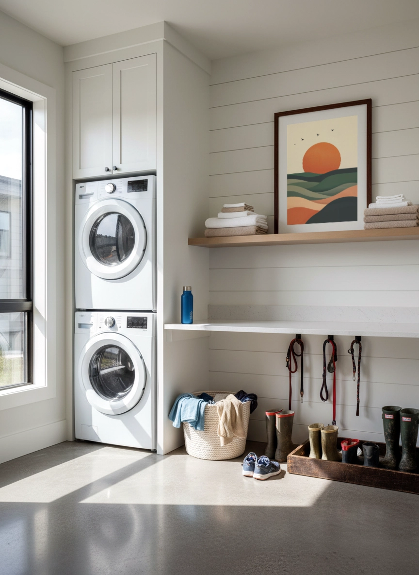 Affiche paysage abstrait avec soleil stylisé et collines vertes et terracotta dans une buanderie.