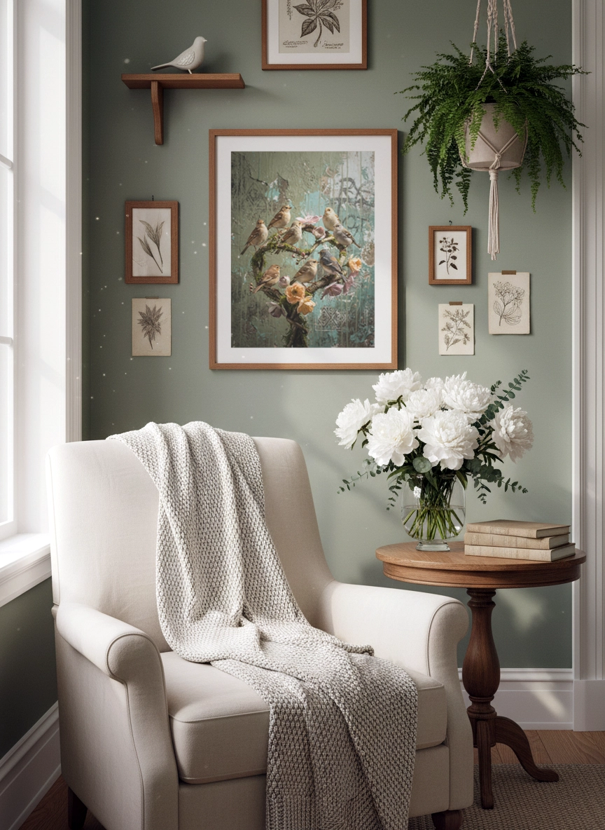 Affiche oiseaux vintage avec oiseaux et fleurs dans un coin lecture au mur vert.